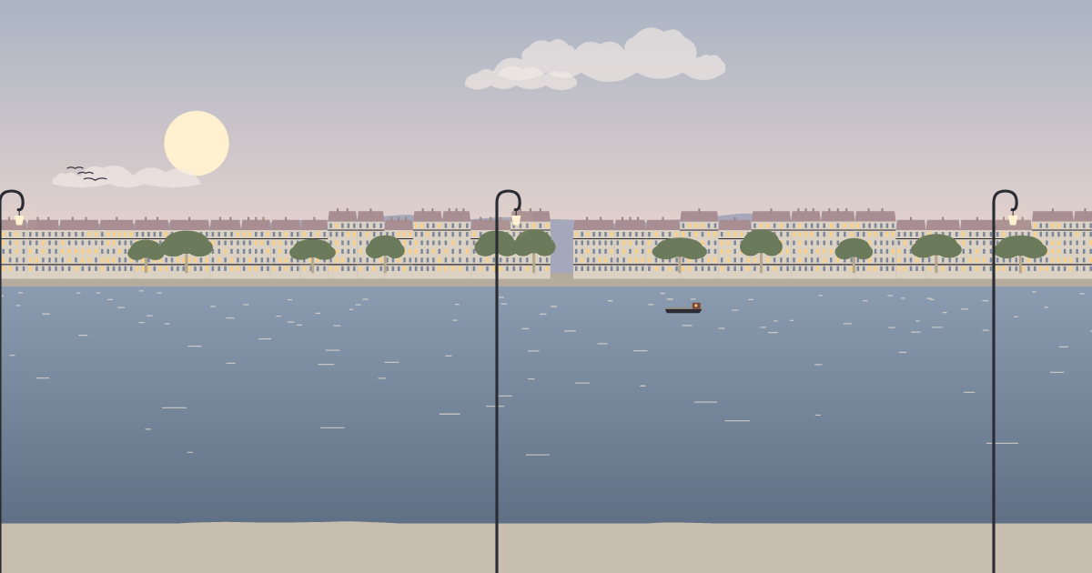 Paysage parisien, matin : quais de la Seine, façades haussmanniennes, réverbère et bateau, image de la page sur nos tableaux sur toile